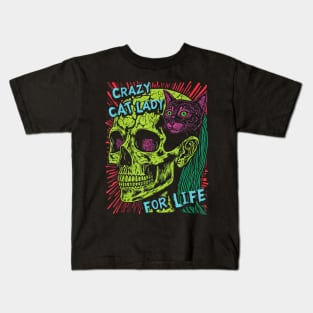 Crazy Cat Lady For Life Goth Punk Grunge Cat With Skull Kids T-Shirt